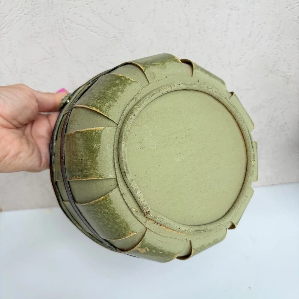 Vintage Style Sage Green Wooden Slat Bushel Basket with Handle and Liner 7.5in